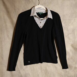 Preppy Ralph Lauren Black & White Striped Silver Button-Up Blouse